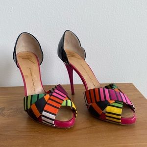 Giuseppe Zanotti Stripe D'Orsay Satin & Patent Leather Heels, Size 37